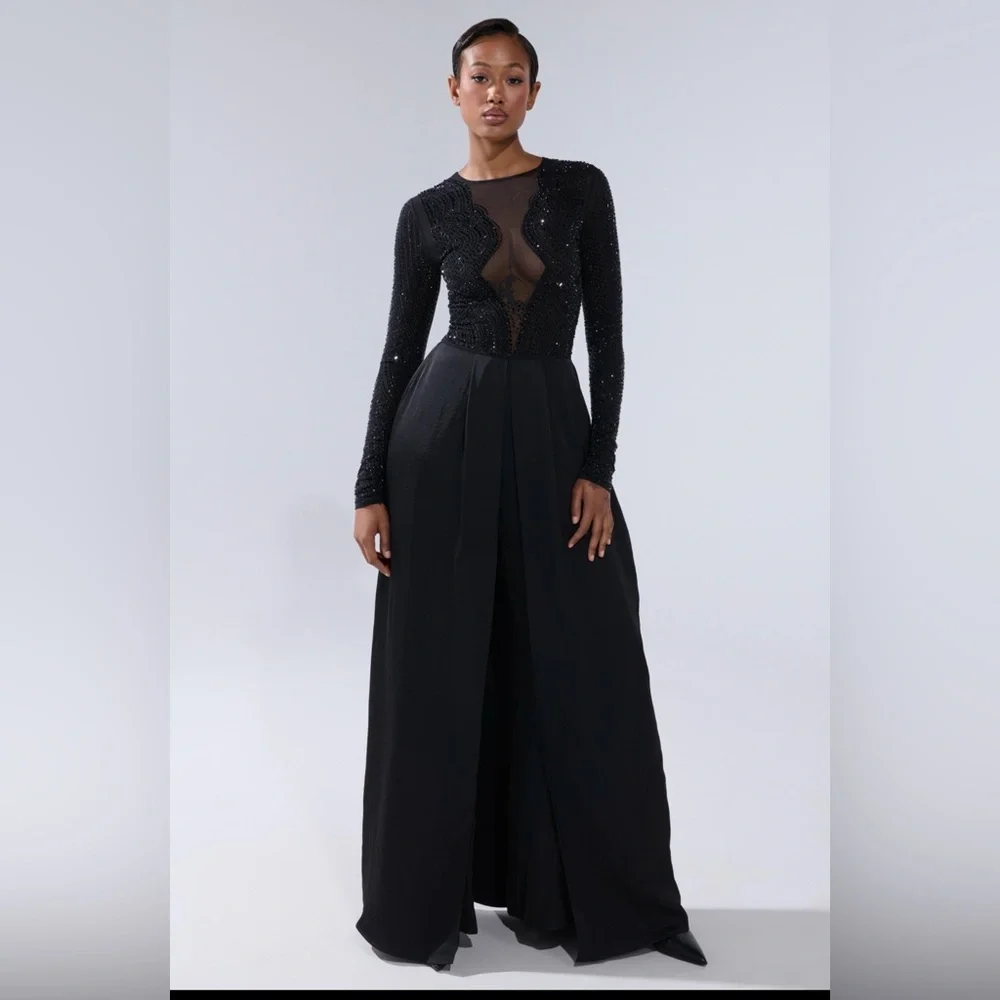 AKIRA MONACO SATIN MESH JUMPSUIT WITH RHINESTONES Size XL - Picture 1 of 6